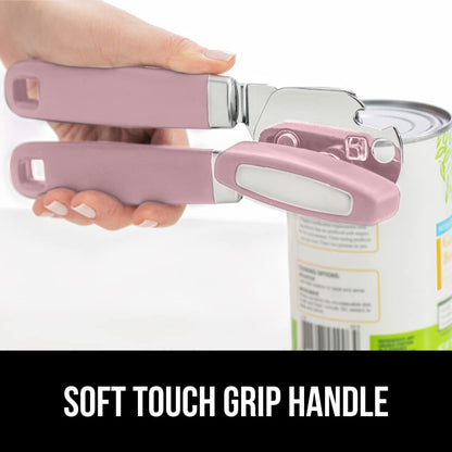 The Original Gorilla Grip Heavy Duty Stainless Steel Smooth Edge Manual Hand Held Can Opener With Soft Touch Handle, Rust Proof Oversized Handheld Easy Turn Knob, Large Lid Openers, Pink