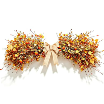 Fall Maple Leaf Pumpkin Berry Wreath with Burlap Bow for Front Door - Autumn Swag - Variation of This Listing: Mini Pumpkin