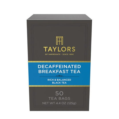 Taylors of Harrogate Decaffeinated Breakfast, Black Tea, Pillow Bags, 50 Count, (Pack of 1) Rich, Bright & Balanced, Decaffeinated, Enjoy Hot or Iced, 50 Teabags