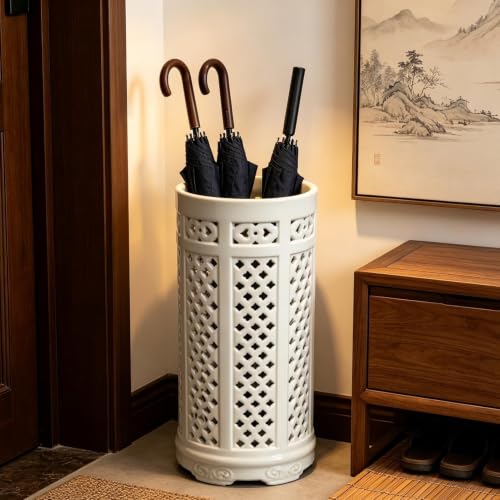 Ceramic Umbrella Stand Floor Vase with Hollow-out Floor Holder for Entryway 17.3"
