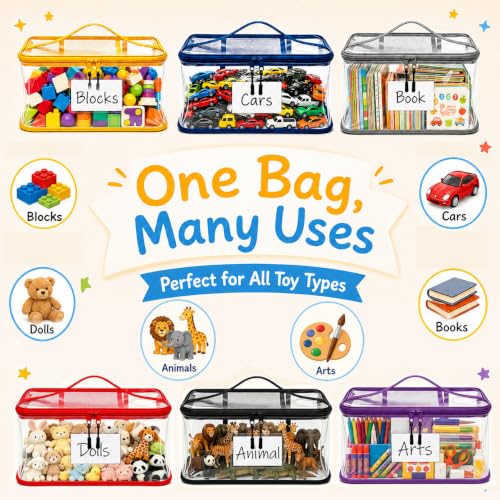 Large Clear Toy Storage Bags with Zippers - Pack of 6