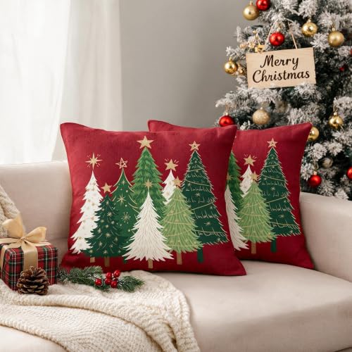 20x20 Christmas Pillow Covers Set of 2 Dark Red Xmas Tree Decor - Cotton Linen