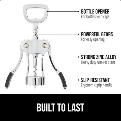 GORILLA GRIP Wine Opener - BPA-Free Zinc Alloy Wing Corkscrew | Easy to Use, Dishwasher Safe, Black