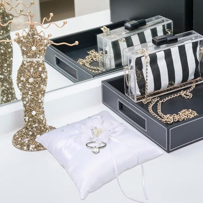 Wedding Ring Pillow 20x20cm with Pearl Flower Ribbon for Bridal Ceremony