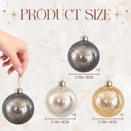 Glass Christmas Ball Ornaments Set of 9 - White, Grey, Gold, Sparkling Textured Decor