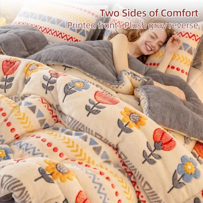 Queen Boho Floral Plush Comforter - Warm & Fluffy Winter Bedding
