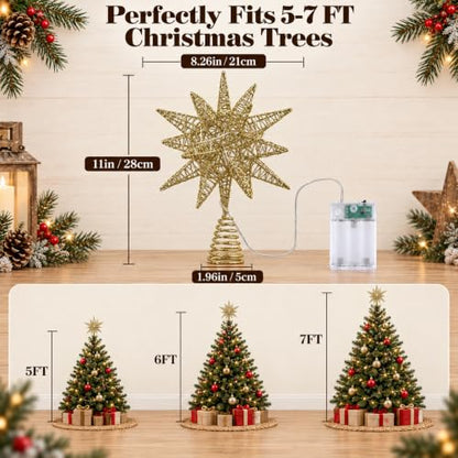 18-Point Gold Wire Christmas Tree Topper with Warm LED Lights - 11 Inch