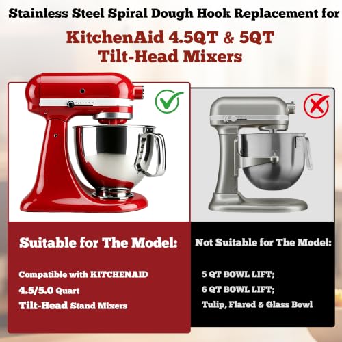 Stainless Steel Spiral Dough Hook for KitchenAid Stand Mixers - Compatible with 4.5QT & 5QT, Dishwasher Safe, Ideal for Bread Pizza Pasta Dough