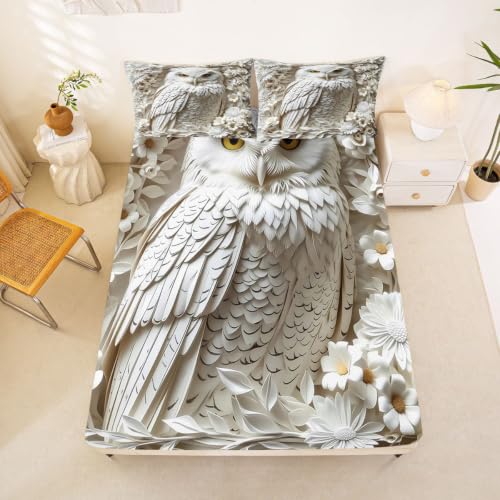 Manfei King Size Kids Bedding Set - 3D Owl White Rose Daisy Flower 4 Piece
