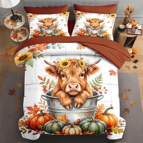 Queen Size Fall Comforter Set Sunflower Cow Bedding Soft Cozy 7 Pieces