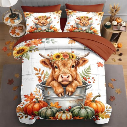 Queen Size Fall Comforter Set Sunflower Cow Bedding Soft Cozy Microfiber