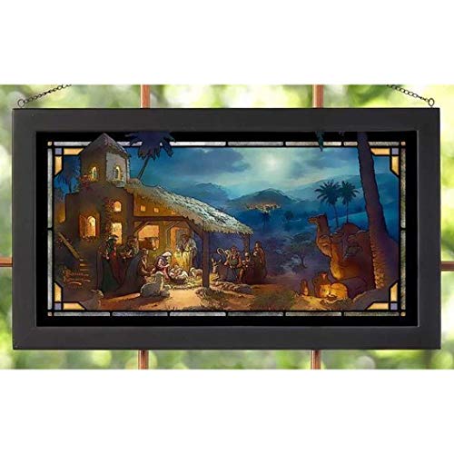 Stained Glass Art Panel - Nativity Scene, 23-Inch Width, Rustic Home Decor