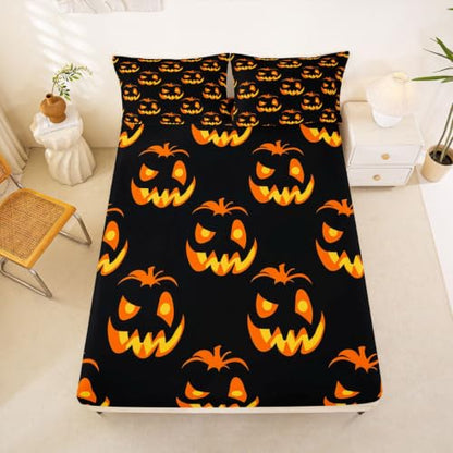 Kids Halloween Bed Sheets Set Full Size Trick or Treat Bedding with Deep Pockets - Black Yellow Orange