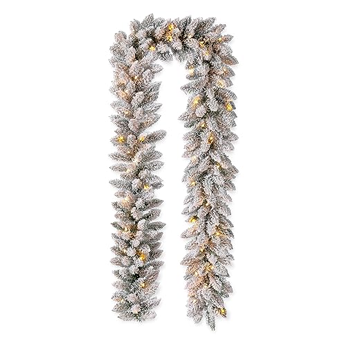Snow Flocked Christmas Garland 9ft with Warm White LED Lights & Timer - Indoor Outdoor Decor