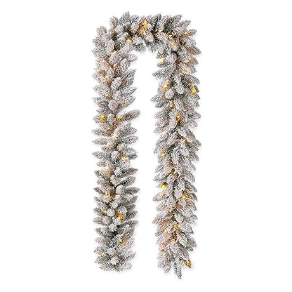 Snow Flocked Christmas Garland 9ft with Warm White LED Lights & Timer - Indoor Outdoor Decor