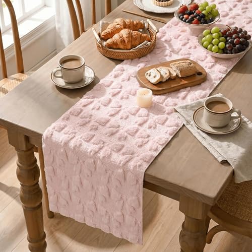 Pink Faux Fur Jacquard Bows Table Runner 13x72 Inch Valentine Home Decor
