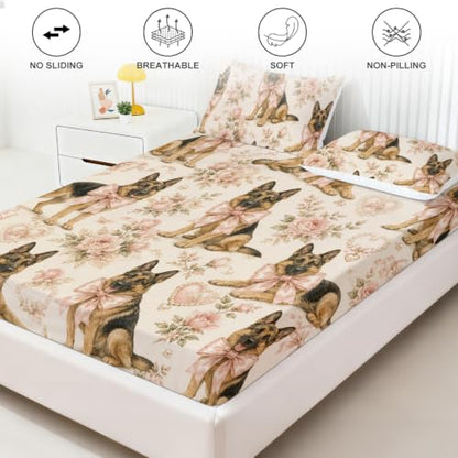 Twin German Shepherd Floral Fitted Sheet Set - Pink Bow Shepherd Variation
