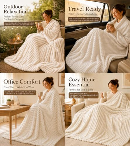 Cream Ribbed Soft Cozy Throw Blanket XL 59x79 Inches for Couch & Bed