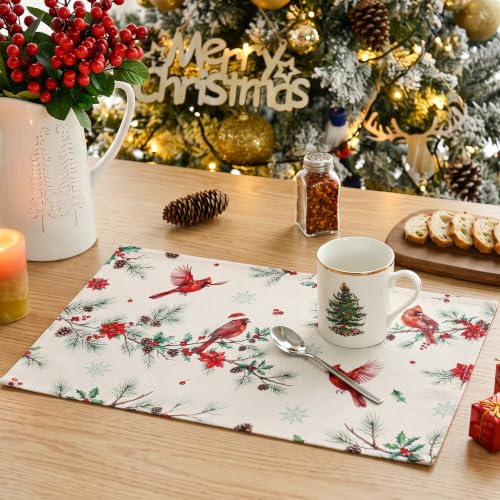 Red Cardinal Bird Christmas Placemats Set of 4 Water Resistant Holiday Table Decor