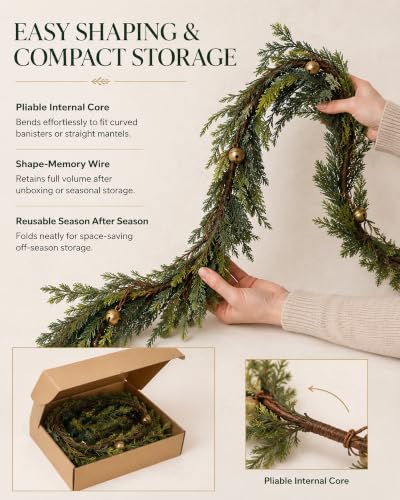 9 Ft Norfolk Pine Christmas Garland with 23 Bells - Real Touch Greenery