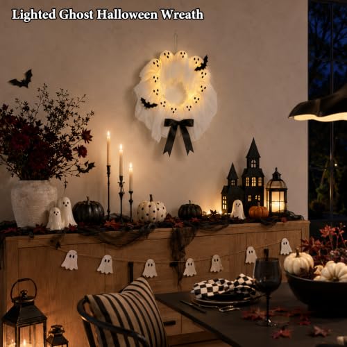 Lighted Halloween Ghost Wreath for Front Door with Timer & 8 Modes