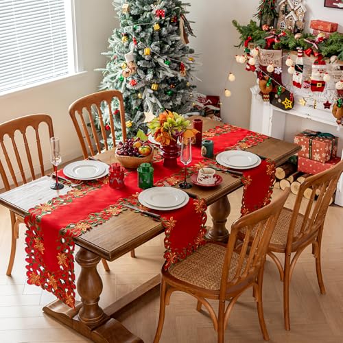 Christmas Red Flowers Table Runner 14 x 86 Inch Embroidered Holiday Decor - Variation of THIS listing