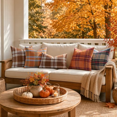 MIULEE Fall Plaid Decorative Pillow Covers Set of 2 18x18 Inches - Orange & Green