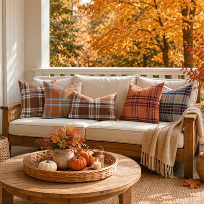 MIULEE Fall Plaid Decorative Pillow Covers Set of 2 18x18 Inches - Orange & Green