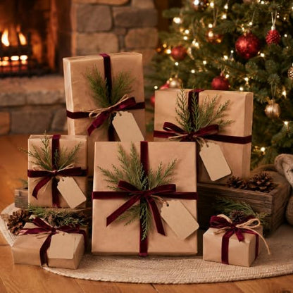 Holiday Gift Packaging Set with Pine Picks Ribbon Tags - Wine Red