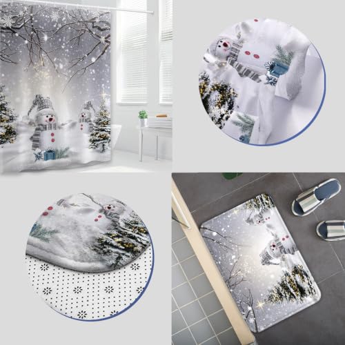 Christmas Snowman Shower Curtain Set - Winter Bathroom Decor, 4 Pieces
