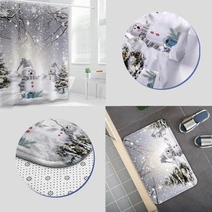 Christmas Snowman Shower Curtain Set - Winter Bathroom Decor, 4 Pieces
