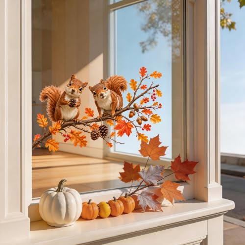 Fall Squirrel Window Clings - Color3 Autumn Maple Leaf & Pinecone Decorations