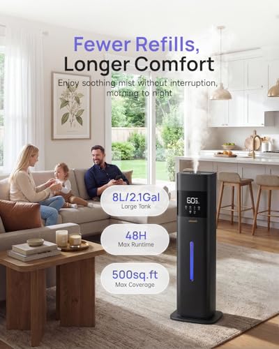 Large Room Humidifier 8L/2.1Gal with Night Light & Aroma Tray - Black