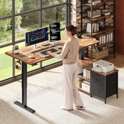 Standing Desk with Outlets, Cabinet & Shelves - Rustic Brown, 55.1 Inches