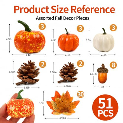 Fall Decor Set with Pumpkins Acorns Pinecones and Leaves - 51 Pieces
