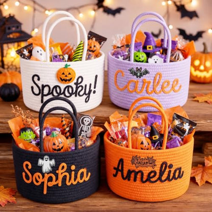 Personalized Halloween Trick or Treat Basket Ropestyle with Custom Name Cotton Rope Candy Bag - Kids Baby Nursery Gift