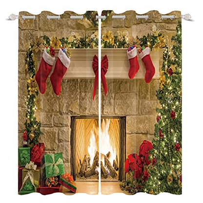 Christmas Kitchen Curtains 2 Panels Blackout Fireplace Red Stocking Decor 53x72 Inch
