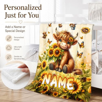 Yellow Highland Cow Personalized Kids Blanket - Custom Girl Throw for Sofa