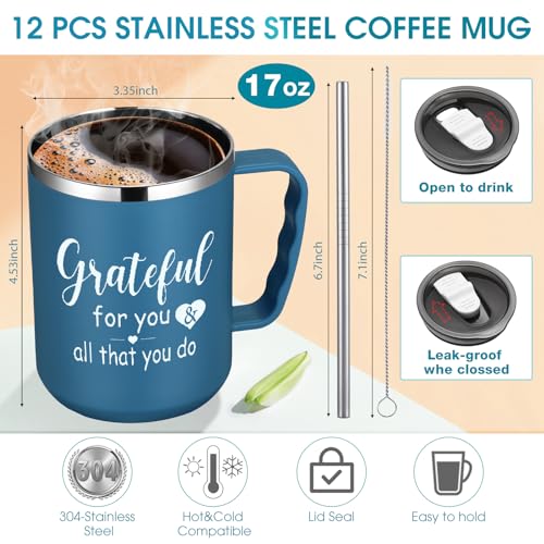 12-Pack Inspirational 17oz Coffee Mug Set with Handles Lids & Straws - Bulk Employee Appreciation Gift