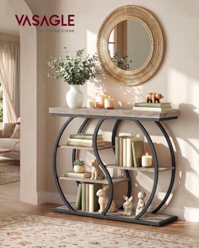VASAGLE 39.4-Inch Narrow Entryway Console Table - 5-Tier Curved Sofa Table, Heather Greige + Matte Black