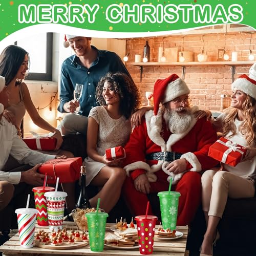 Christmas Plastic Cups with Lids and Straws, 24 oz, Red & Green, 24 Pack - Classic Variation