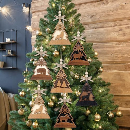 Rustic Christmas Wood Animal Ornaments Set - Reindeer, Bear, Wolf, Moose, Evergreen Tree