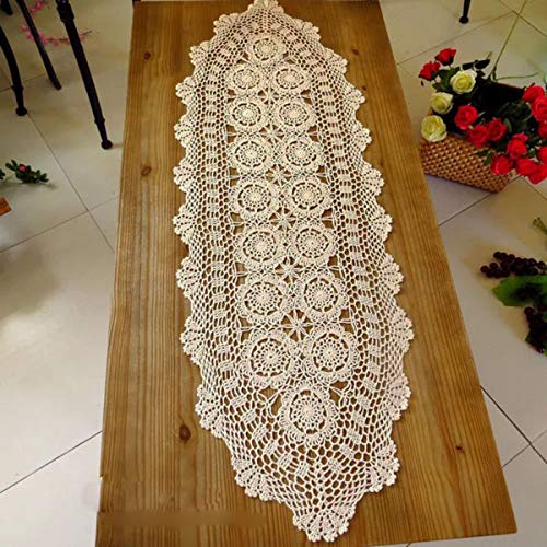 Beige Handmade Cotton Crochet Doilies Table Runner - 16 x 35 Inches - Oval Lace Decor
