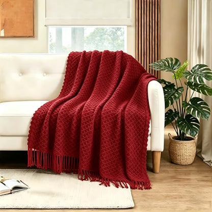 CREVENT Farmhouse Boho Knitted Throw Blanket - Red, 50x60 Inches, Cozy & Soft Home Decor