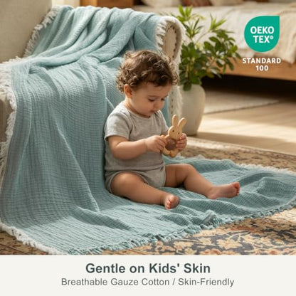 Teal Cotton Throw Blanket with Tassels - 50x60 Inches, Reversible Boho Decor