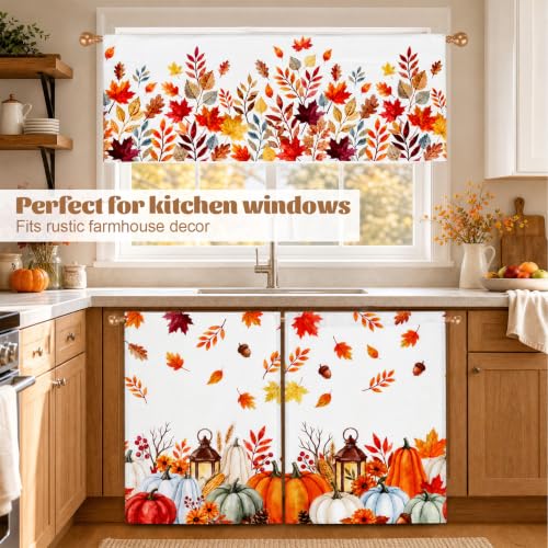 Autumn Kitchen Curtains Set with Maple Leaf Valance and Cafe Panels - Fall Decor