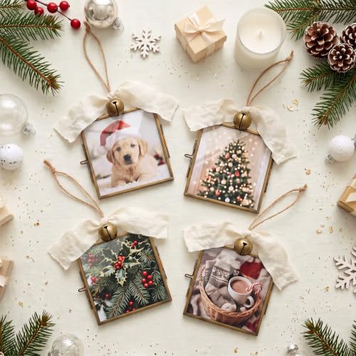 Vintage Brass Christmas Photo Frame Ornaments 3.2x3.2 Inches - Set of 4