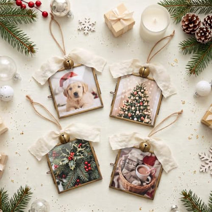 Vintage Brass Christmas Photo Frame Ornaments 3.2x3.2 Inches - Set of 4