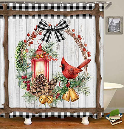 OLEBETY 4PCS Red Cardinal Shower Curtain Set with Rugs, Waterproof Fabric, 72x72 Inches, Holiday Bird & Wreath Design