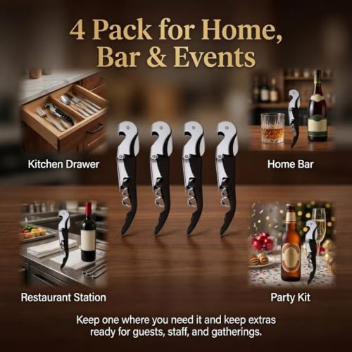 Waiter Corkscrew Wine Opener Set - 4 Pack Black Stainless Steel Bar Tools